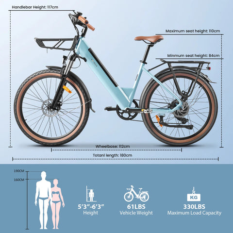 K601 250W 36V 16Ah Lithium Battery 50Nm Wide Tire E-Bike 26*2.5